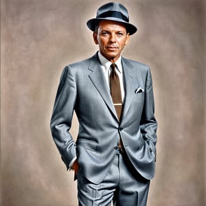 Generate a photorealistic full body portrait of Frank Sinatra 2024 in his classic clothes but as if he was real. looking at the viewer, extreme realism, award-winning photo, sharp focus, detailed, intricate,art_booster