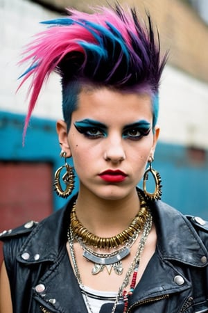 rebellious and edgy world of a young pharaonic punk girl in the vibrant 1980s. Portray her fearless attitude, daring fashion sense, and fierce individuality. Capture the energy of the punk subculture, complete with spiked hair, wild makeup, and an unmistakable punk rock spirit. Take us back to a time when punk music, street style, and a defiant spirit challenged societal norms. Show us the essence of this unforgettable era through the eyes of a charismatic British punk girl in underground train