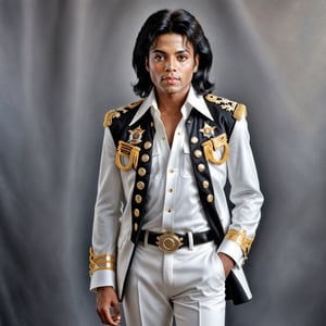 Generate a photorealistic full body portrait of Micheal Jackson in his classic clothes but as if he was real. looking at the viewer, extreme realism, award-winning photo, sharp focus, detailed, intricate,art_booster