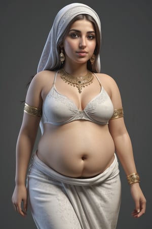 Highly detailed photorealistic image of an arabic girl standing. she have a very fat belly and a very fat hips. alluring view.