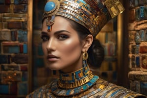 Generate a visually dynamic beauty shot but as if she was real by incorporating mosaic patterns or elements. photorealistic full body portrait hyper realistic image of egyptian old queen, Whether through makeup, props, or background, introduce a mosaic-inspired theme to add complexity and visual interest to the composition. looking seriously at the viewer, extreme realism, award-winning photo, sharp focus, detailed, intricate,art_booster