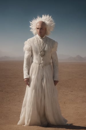 A very hot wind is blowing over a desert landscape. A very detailed fluffy white beautiful cloud face of a mesmerizing desert king. He is nice, young, close to 36 years old. bald, strong, serious, successful. Magic realism, mysterious, hot. Cinematic Lighting.