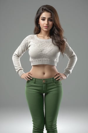 Highly detailed photorealistic image of a 25 years old arabic girl standing. she have a fat belly and a fat hips. The girl is wearing tight green pants and a sweater. The pants are very low rise. Belly button is clearly visible. Hands on the hips. alluring view. Bright white skin.