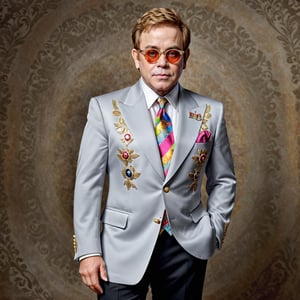 Generate a photorealistic full body portrait of Elton John 2024 in his classic clothes but as if he was real. looking at the viewer, extreme realism, award-winning photo, sharp focus, detailed, intricate,art_booster