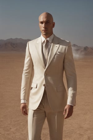 A very hot wind is blowing over a desert landscape. He is nice, young, close to 36 years old, bald, strong, serious, successful. he is wearing an official suit. Magic realism, mysterious, hot. Cinematic Lighting.