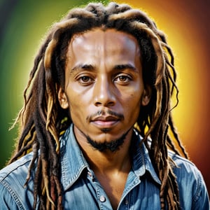 Generate a photorealistic portrait of Bob Marley 2024 in his classic clothes but as if he was real. looking at the viewer, extreme realism, award-winning photo, sharp focus, detailed, intricate,art_booster