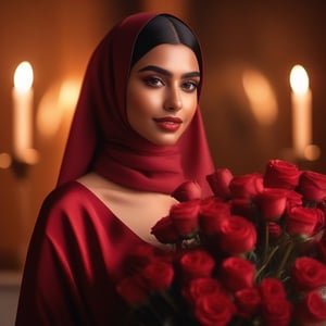 beautiful realistic 20 years old hejab girl. She carry a Bouquet of fresh red flowers, The atmosphere exudes warmth, creating a welcoming space.

Our influencer, dressed in elegant attire, The scene captures the perfect blend of luxury and comfort, showcasing her ability to curate a sophisticated lifestyle. 

Soft, warm light bathes the scene, casting gentle shadows and infusing the setting with a hyper-realistic ambiance. The glow accentuates the influencer's features, creating a captivating and visually appealing image.
