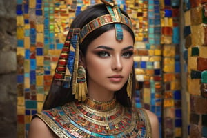 egyptian girl, Generate hyper realistic image of a visually dynamic beauty shot but as if she was real by incorporating mosaic patterns or elements. Whether through makeup, props, or background, introduce a mosaic-inspired theme to add complexity and visual interest to the composition. looking at the viewer, extreme realism, award-winning photo, sharp focus, detailed, intricate,art_booster