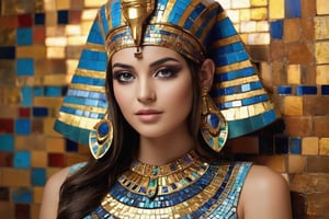 egyptian girl of 60th, Generate hyper realistic image of a visually dynamic beauty shot by incorporating mosaic patterns or elements. Whether through makeup, props, or background, introduce a mosaic-inspired theme to add complexity and visual interest to the composition.