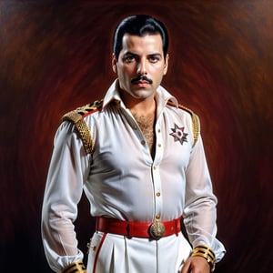 Generate a photorealistic full body portrait of Freddie Mercury 2024 in his classic clothes but as if he was real. looking at the viewer, extreme realism, award-winning photo, sharp focus, detailed, intricate,art_booster