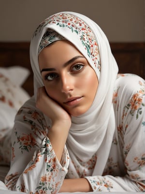photo r3al, photorealistic, masterpiece, hyperdetailed photography, young arabic woman wearing hejab laying in bed, pale skin, sad, best quality, 8k UHD, 8k, ultra quality, ultra detailed, closed eyes, warm lighting, soft lighting, (((closed mouth))), smooth lighting, softbox, smirking, professional photography, boudoir bedroom, natural faces, natural beauty, wearing floral white-based pyjamas with hood, hypnotizing eyes, 
