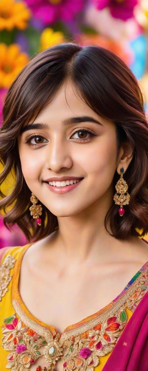 (best quality, masterpiece, ultra detailed, 8K, RAW photo), absurdres, a beautiful Shirley Setia,brown eyes,parted greasy lips,kind smile,intricate jewelry,necklace,earrings, bliss, joyful, floral background,vibrant color, colorful, front view 