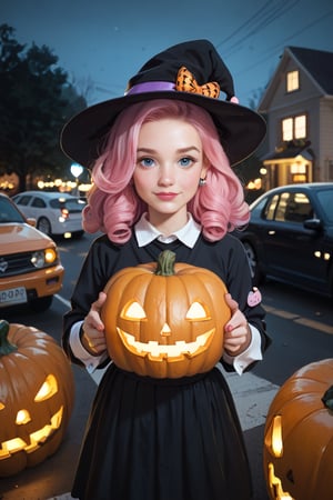 score_9, score_8_up, score_7_up, halloween ,cute girl collecting candies in pumpkin car