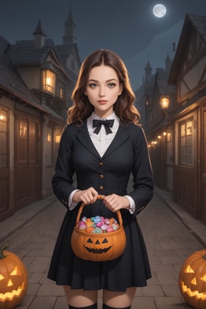 (((masterpiece))) , (((best quality))) , halloween , girls collecting candies, pumpkin basket of candies 