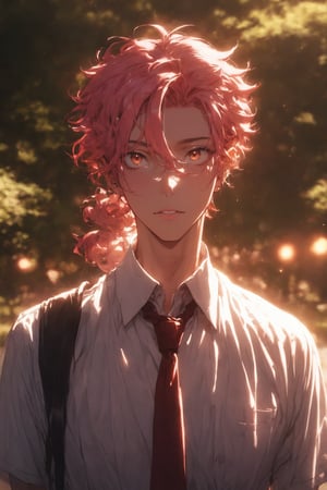 boy, male, man wearing white shirt and tie, pink hair up to shoulder, cute and handsome male, big wide eyes, cinematic lighting, ambient lighting, red eyes, at a park, sunlight