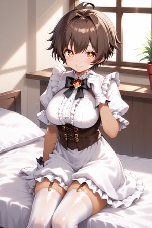 Cinematic lighting, detailed body figure, cute lady, dark skin tone, tanned skin, very short brown hair,  combed hair, big wide red eyes, cute face, detailed lighting, sunlight, white and black frilled dress, blushing, white thigh highs, white gloves, sitting on the bed, bedroom window, ((tall lady)), tomboy, mature_female