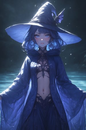 cute girl, azure blue background, blue clothes, fantasy clothes, cute face, big wide violet eyes, witch hat, cinematic lighting, ambient lighting, fantasy world, detailed body figure, cute witch lady, water fall background, navel, indigo robes, standing in a lake, water splashes, close up