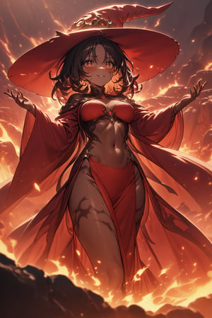 cute lady, red lava lake  background, red robes, fantasy clothes, cute face, big wide red eyes, red witch hat, cinematic lighting, ambient lighting, detailed body figure, cute witch lady, lava, navel, rocky landscape, slit_robe, royal wear, long black hair, brown_skin, ((tanned skin)), mature_woman, close up, fire sparks