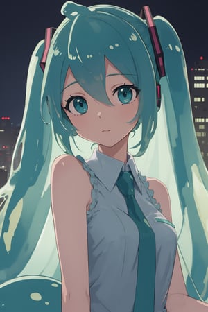 Hatsune Miku, Vocaloid, Slime, slime girl, cute girl, cute lady, cute face, sleeveless shirt, collar, tie, teal clothes, teal, nighttime, city skyline, ambient lighting, cinematic lighting, detailed body figure, big wide teal eyes, cute, translucent slime body, slimey
