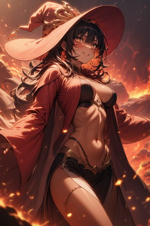 cute lady, red lava lake  background, red robes, fantasy clothes, cute face, big wide red eyes, red witch hat, cinematic lighting, ambient lighting, detailed body figure, cute witch lady, lava, navel, rocky landscape, slit_robe, royal wear, long black hair, brown_skin, ((tanned skin)), mature_woman, close up, fire sparks