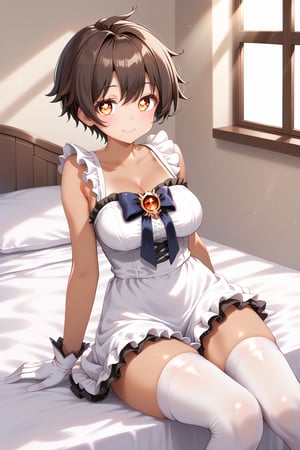 Cinematic lighting, detailed body figure, cute lady, dark skin tone, tanned skin, very short brown hair,  combed hair, big wide red eyes, cute face, detailed lighting, sunlight, white and black frilled dress, blushing, white thigh highs, white gloves, sitting on the bed, bedroom window, ((tall lady)), tomboy, mature_female