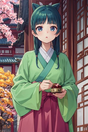 The apothecary diaries MaoMao, Maomao, ancient china, cherry blossoms, sakura, maomao, cute girl, cute face, big wide blue eyes, green robes, freckles, dark green hair, courtyard, perfect lighting, ambient lighting, sunlight, detailed character