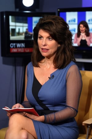 1 girl, focus on her upper body, 4k, Hq, best quality, ty studio, news ANCHOR woman with worried facial expression, 45 years old woman, sligtly thick body,  small natural breasts, saggy tits, shoulder length hair,  she is wearing formal News Anchor Outfit with long sleeves, tv anchor. closed professional long dress, no cleavage, anchorwoman, TV news presenter, she is inside TV studio, tv news scene, she is reading news, no makeup, shodanSS_soul3142,perfecteyes, 1girl,Natpr2e4,Nat,Ona_ep4