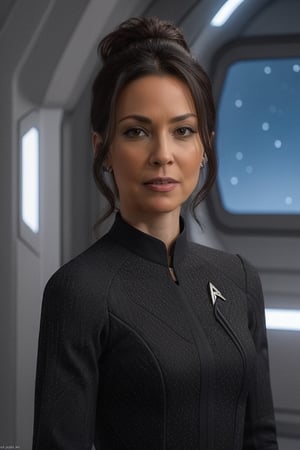 1 girl, 50-years old woman, dinamic facial expression, shoulder lenght curly black  hair, Star Trek uniform with Starfleet badge left chest, masterpiece, best quality, ultra realistic, focus, RAW photo, intricate detailed, high detail, photorealistic, realism, small tits, perfect hands, perfect fingers, photorealistic,Nat,Ona_ep4