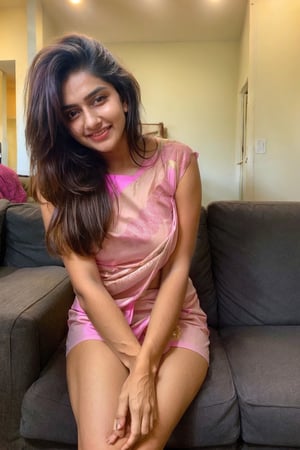 beautiful cute young attractive indian teenage girl, village girl, 18 years old, cute, Instagram model, long black hair, colorful hair, warm, dacing, in home sit at sofa, indian