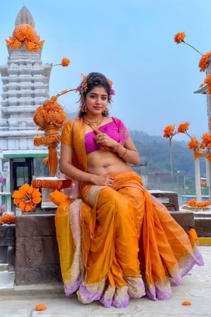 Cute girl, wearing saree, (flower_in_hair:1.5), bridal beauty, bindi, 1girl, mahima, (bindi:1.5), (setting in beautiful Hindu temple:1.8), falling_snow, big boobs, 