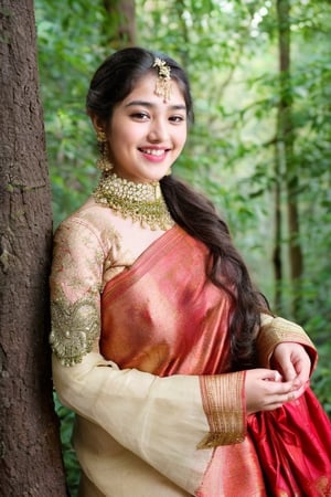 Muslim cute young girl, smiling, wearing pashto traditional dress, in forest, dimple, big tipsy eyes, rose lips