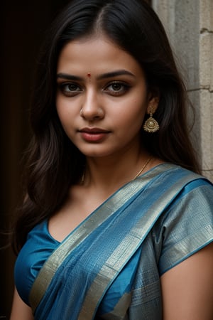 Masterpiece, Best Quality, 1girl, (((wearing saree, blue saree, textured))), hyper realistic, detailed face, ultra realistic, 8k resolution, hyper detailed face, ultra high detailing, realism, realistic, photorealistic, 8k 