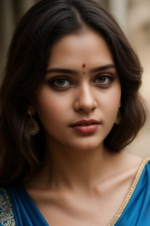 Masterpiece, Best Quality, 1girl, (((wearing saree, blue saree, textured))), hyper realistic, detailed face, ultra realistic, 8k resolution, hyper detailed face, ultra high detailing, realism, realistic, photorealistic, 8k 