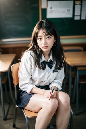 beautiful 18 year old japan girl, Best quality, 1080P, masterpiece, ultra high res, (photorealistic:1.4), raw photo, glowing skin, full body, ear_rings, medium breasts, Detailedface, Sitting in the classroom chair, Writing on the blackboard with chalk, Wearing a school uniform, bendover