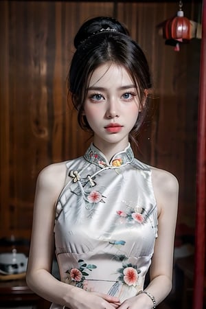 beautiful 18 year old japanse girl, Best quality, masterpiece, ultra high res, (photorealistic:1.4), raw photo, glowing skin, full body,  ,ear_rings, slim, ponytail, Detailedface, large breasts, chinese New Year background,QIPAO,look at camera,perfect