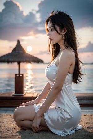 beautiful 18 year old japan girl, Best quality, 1080P, masterpiece, ultra high res, (photorealistic:1.4), raw photo, glowing skin, full body, ear_rings, medium breasts, Detailedface, Maldives resort background, side view, sitting down, sunset, wearing long dress