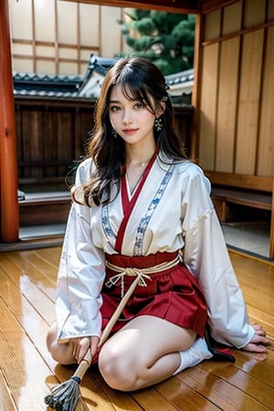 beautiful 18 year old japanse girl, Best quality, 1080P, masterpiece, ultra high res, (photorealistic:1.4), raw photo, glowing skin, full body, ear_rings, mediun breasts, Detailedface, Japanese shrine background, wearing Japanese shrine maiden outfit, confidence smile, sweeping the floor with a broom,hakama short skirt
