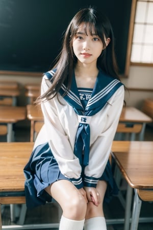 beautiful 18 year old japanse girl, Best quality, masterpiece, ultra high res, (photorealistic:1.4), raw photo, glowing skin, full body,  ,ear_rings, slim, long hair, Detailedface, large breasts, confidence smile, japan classroom background, glasses, long socks,wear japanese school uniform,sailor_girls