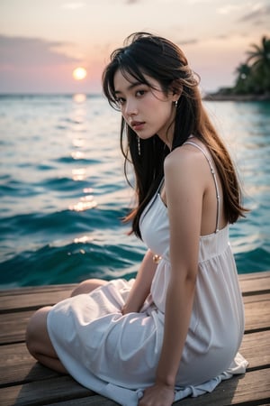 beautiful 18 year old japan girl, Best quality, 1080P, masterpiece, ultra high res, (photorealistic:1.4), raw photo, glowing skin, full body, ear_rings, medium breasts, Detailedface, Maldives resort background, side view, sitting down, sunset, wearing long dress