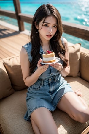 beautiful 18 year old japan girl, Best quality, 1080P, masterpiece, ultra high res, (photorealistic:1.4), raw photo, glowing skin, full body, ear_rings, medium breasts, Detailedface, Maldives resort background, wearing denim dress, eating cake while sitting down