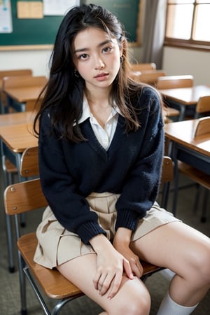 beautiful 18 year old japan girl, Best quality, 1080P, masterpiece, ultra high res, (photorealistic:1.4), raw photo, glowing skin, full body, ear_rings, medium breasts, Detailedface, Sitting in the classroom chair, Writing on the blackboard with chalk, Wearing a school uniform,