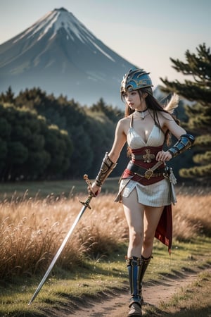 beautiful 18 year old japan girl, Best quality, 1080P, masterpiece, ultra high res, (photorealistic:1.4), raw photo, glowing skin, full body, ear_rings, big breasts, Detailedface, Ancient Battlefield background, ancient warrior helmet, ancient warrior armor, wielding a two-handed sword