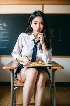 beautiful 18 year old japan girl, Best quality, 1080P, masterpiece, ultra high res, (photorealistic:1.4), raw photo, glowing skin, full body, ear_rings, medium breasts, Detailedface, Sitting in the classroom chair, Writing on the blackboard with chalk, Wearing a school uniform, Sneakily Eating fast food fried chicken drumsticks.