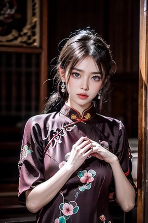 beautiful 18 year old japanse girl, Best quality, masterpiece, ultra high res, (photorealistic:1.4), raw photo, glowing skin, full body,  ,ear_rings, slim, ponytail, Detailedface, large breasts, china old street background,wear red qipao,holding spring couplets,QIPAO,look at camera,