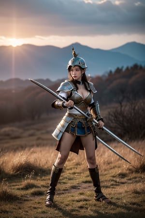 beautiful 18 year old japan girl, Best quality, 1080P, masterpiece, ultra high res, (photorealistic:1.4), raw photo, glowing skin, full body, ear_rings, big breasts, Detailedface, Ancient Battlefield background, ancient warrior helmet, ancient warrior armor, wielding a two-handed sword