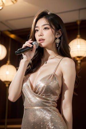 beautiful 18 year old japan girl, Best quality, 1080P, masterpiece, ultra high res, (photorealistic:1.4), raw photo, glowing skin, full body, ear_rings, medium breasts, Detailedface,In a KTV private room background, Sing with a microphone in one hand, Wear a sparkling cocktail dress