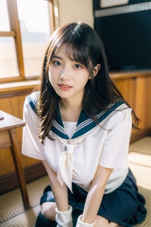 beautiful 18 year old japanse girl, Best quality, masterpiece, ultra high res, (photorealistic:1.4), raw photo, glowing skin, full body,  ,ear_rings, slim, long hair, Detailedface, large breasts, confidence smile, japan classroom background, glasses, long socks,wear japanese school uniform,sailor_girls