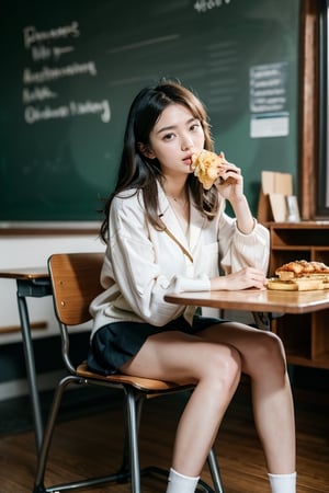 beautiful 18 year old japan girl, Best quality, 1080P, masterpiece, ultra high res, (photorealistic:1.4), raw photo, glowing skin, full body, ear_rings, medium breasts, Detailedface, Sitting in the classroom chair, Writing on the blackboard with chalk, Wearing a school uniform, Sneakily eating fast food fried chicken drumsticks with head down