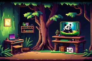 Pixel-Art room in a tree: and a orb Pixelated room, vibrant 8-bit environment, reminiscent of classic games.,Leonardo Stylelow resolution, hyperdetailed pixel art, room gamer, tree room, inside, gamer, neon lights, consoles, pc gamer, walnuts, food walnuts, panda, a panda portrait, panda playing in the back, panda sit in the floor eating bamboo