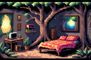 Pixel-Art room in a tree: and a orb Pixelated room, vibrant 8-bit environment, reminiscent of classic games.,Leonardo Stylelow resolution, hyperdetailed pixel art, room gamer, tree room, inside, gamer